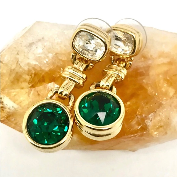 Swarovski Crystal Dangle Earrings Green & Clear Crystals - Picture 2 of 4
